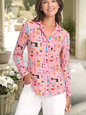 NICK & NORA Pink Sewing Theme Seamstress Knit Button-up Pajama Shirt Women's XS